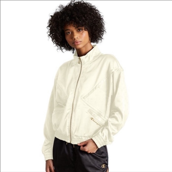 Champion Satin Bomber Cream Logo Jacket 